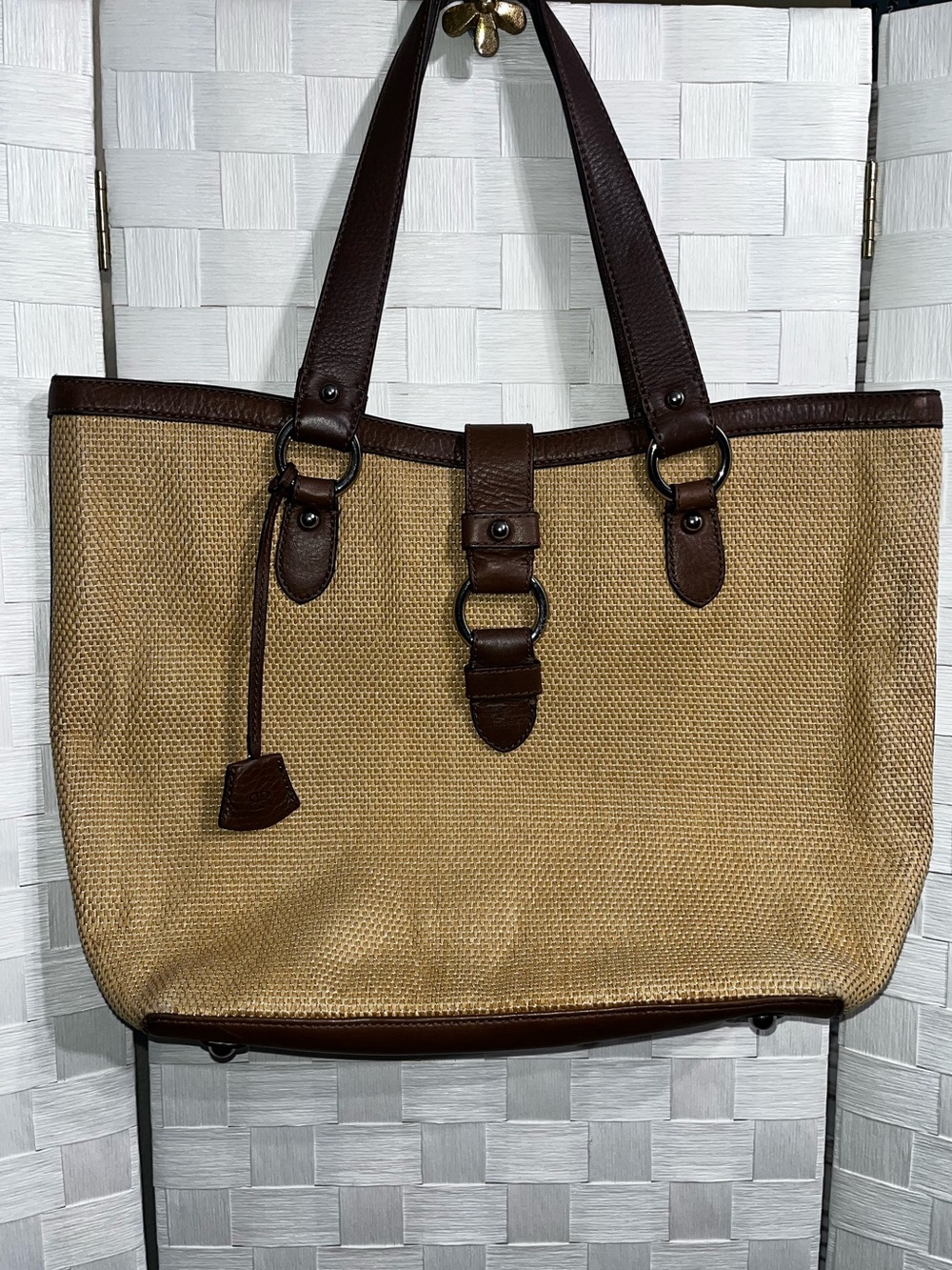 Banana Republic Woven Straw Tote Bag Leather Trim And Handles Boho